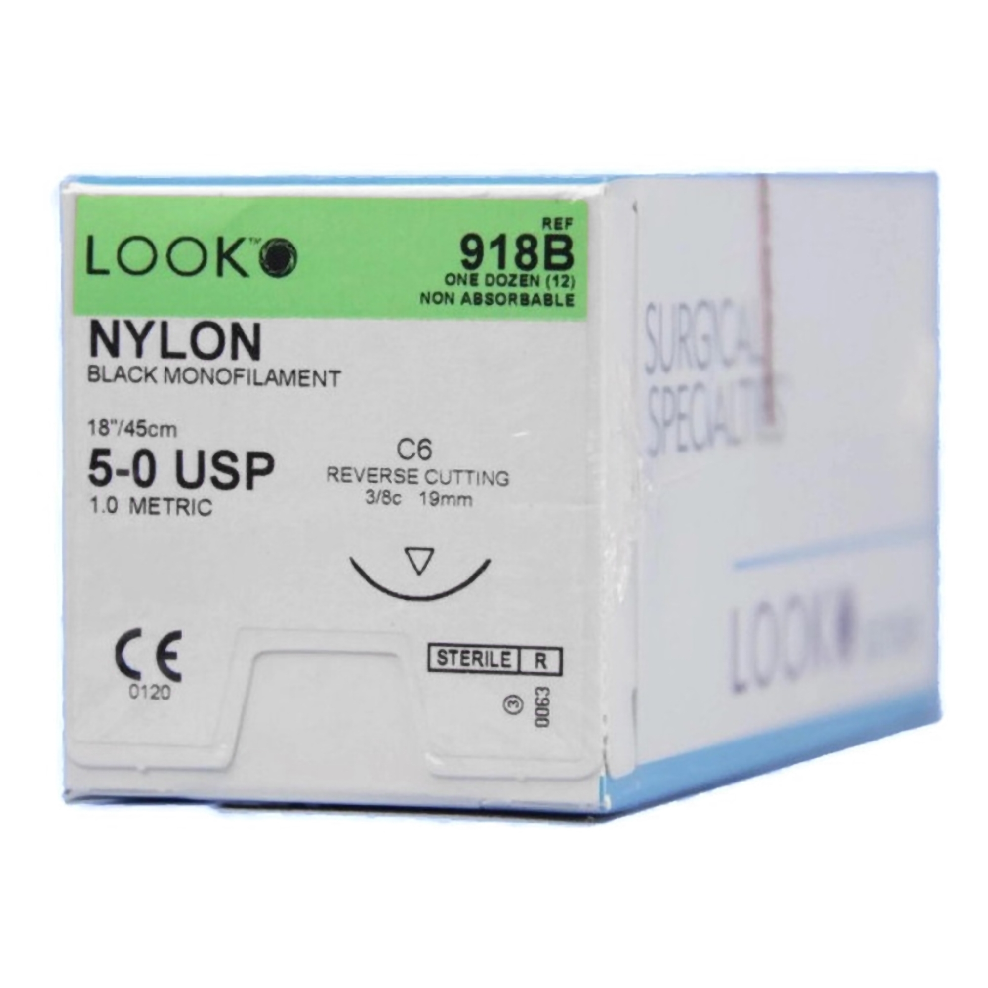 Suture with Needle LOOK® Nonabsorbable Uncoated Black Suture Monofilament Nylon Size 5 - 0 18 Inch Suture 1-Needle 19 mm Length 3/8 Circle Reverse Cutting Needle by Angiotech - Look Division - Surgical Specialties Corp.  ID 918B
